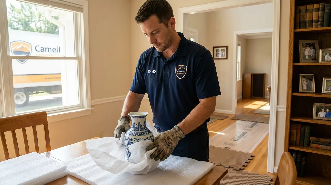 Professional crew carefully wrapping antique vase for senior downsizing move in Collegedale, TN